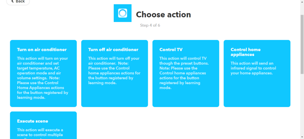IFTTTのthatに指定するNature Remoのアクションを選ぶ。エアコンのON/OFFやTVの操作などが選べる。